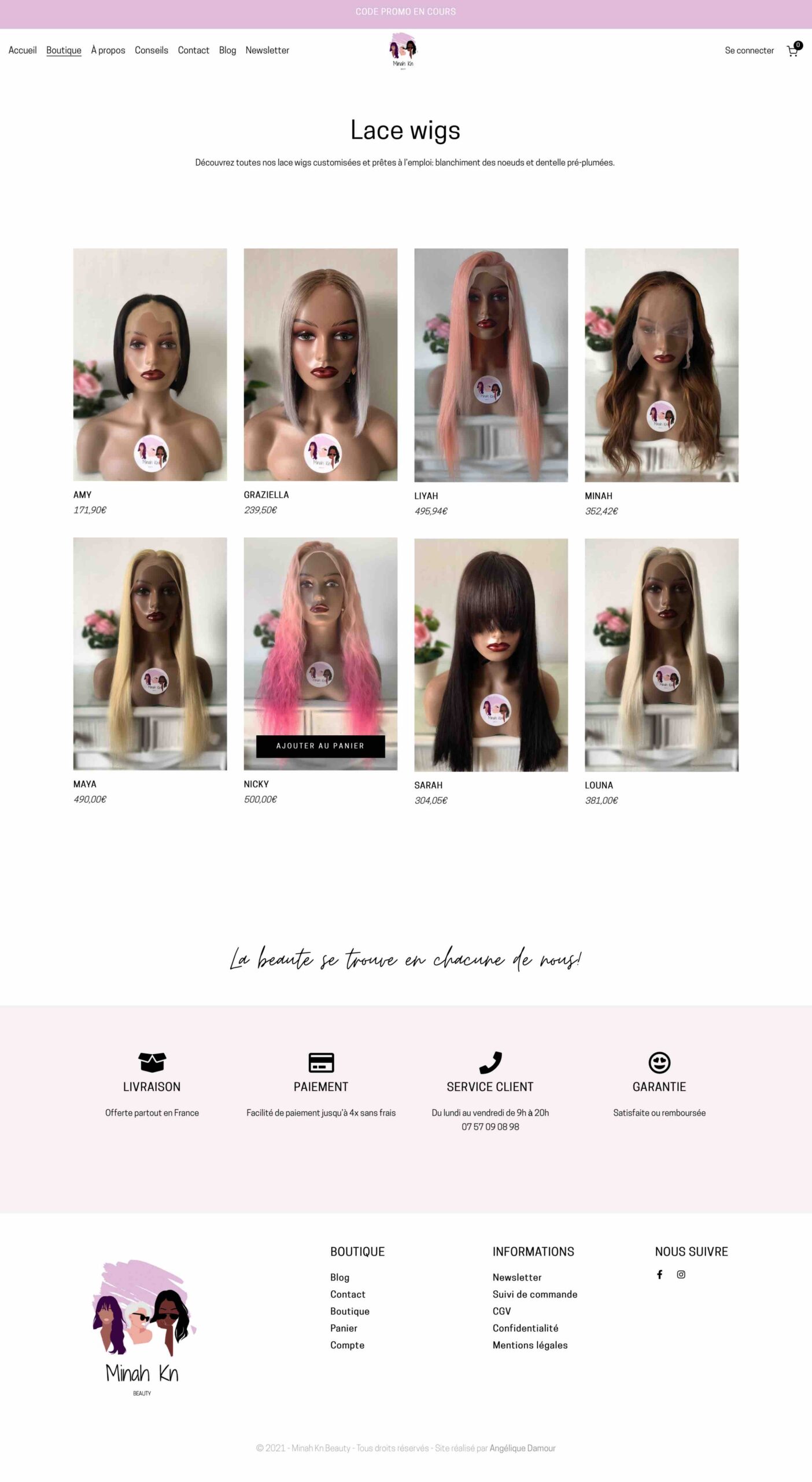 ANGELIQUE DAMOUR - projet MINAH KN BEAUTY - page boutique